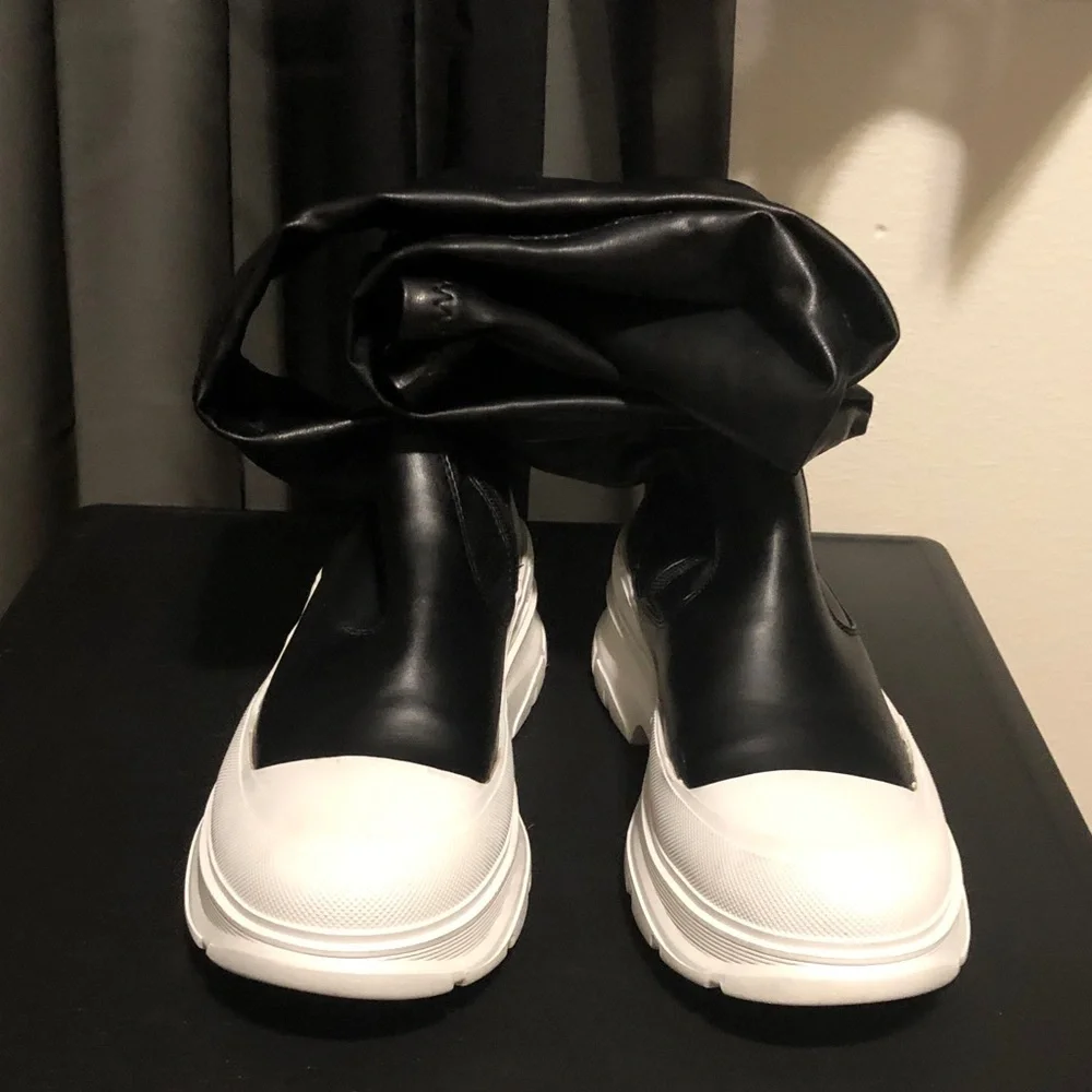 Women's Black Over-the-Knee Boots with White Sole